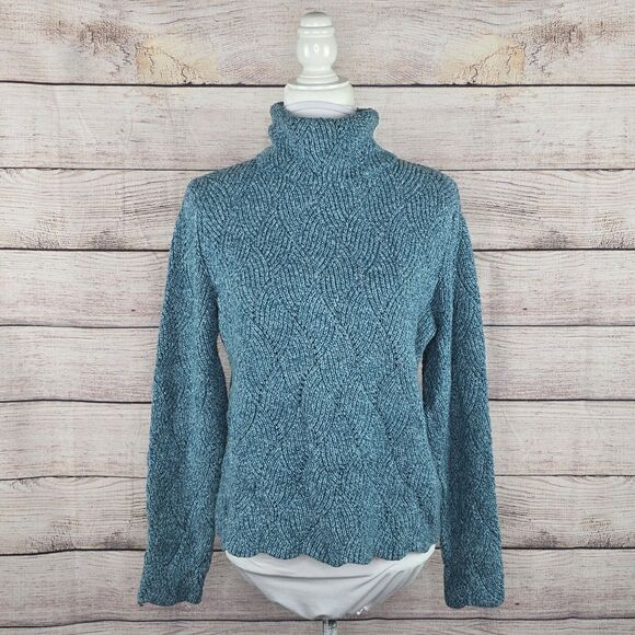 Sundance Silk Blend Blue Knit Champlain Scalloped Mock Neck Sweater XL Petite - Picture 7 of 8